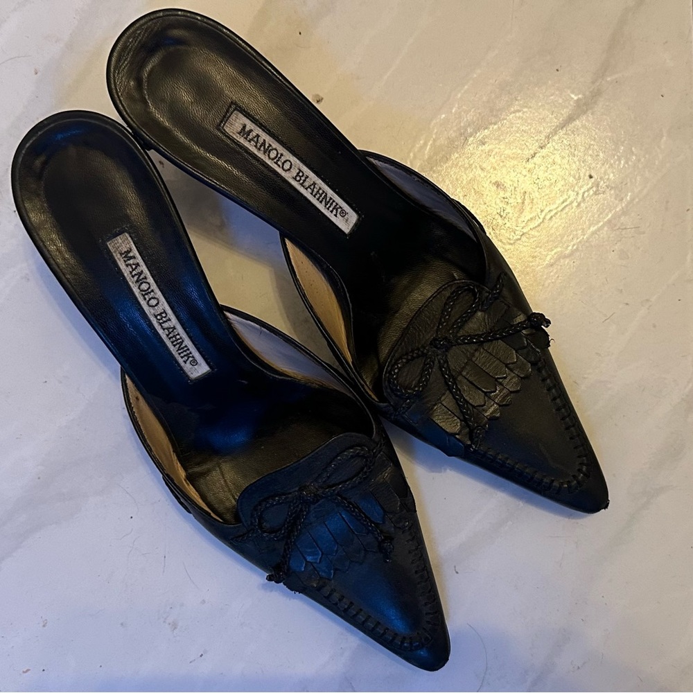 Manolo Blahnik black leather mules, size 37-1/2
